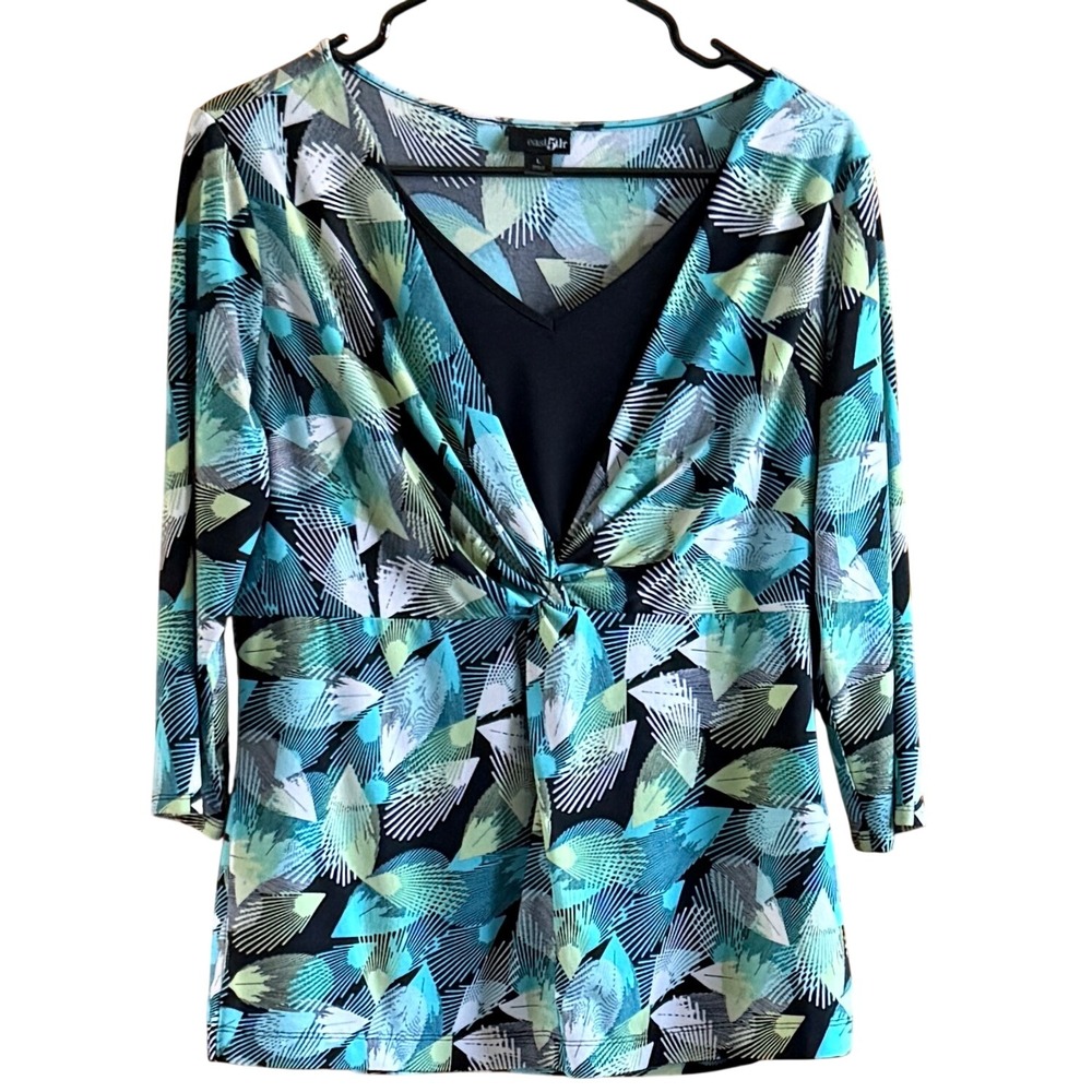 Teal Green Large Faux Wrap Top Women Abstract Twist Front Excellent East 5th - Picture 2 of 8